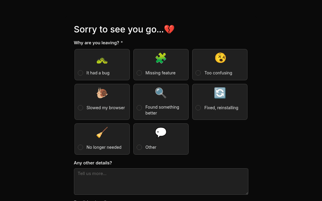Browser extension feedback form template preview