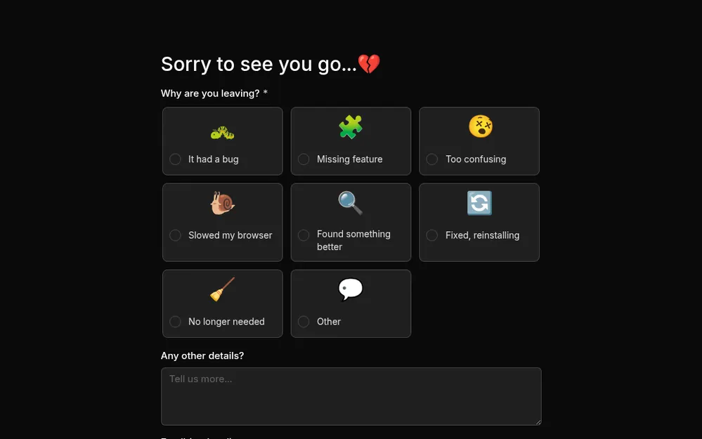 Browser extension feedback form template preview
