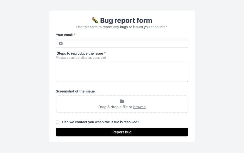 Bug report form template preview