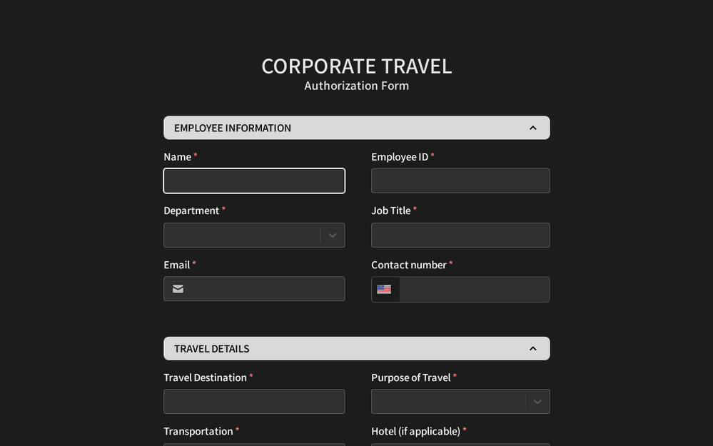 Formulario de autorización de viaje corporativo template preview