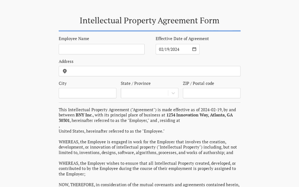 Intellectual Property Agreement Form template preview