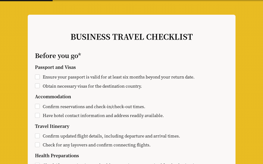 Lista de verificación para viajes de negocios internacionales template preview