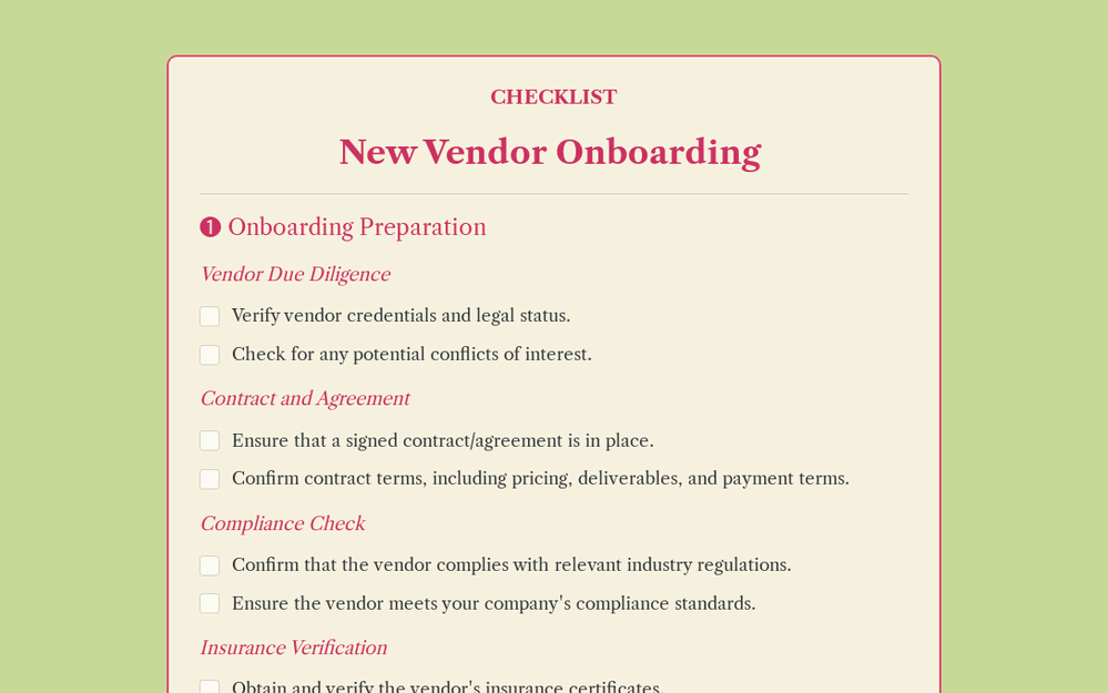 New Vendor Onboarding Checklist template preview