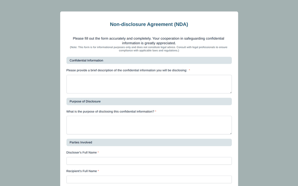 Non-disclosure Agreement (NDA) Form template preview