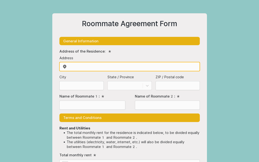 Roommate Agreement Form template preview