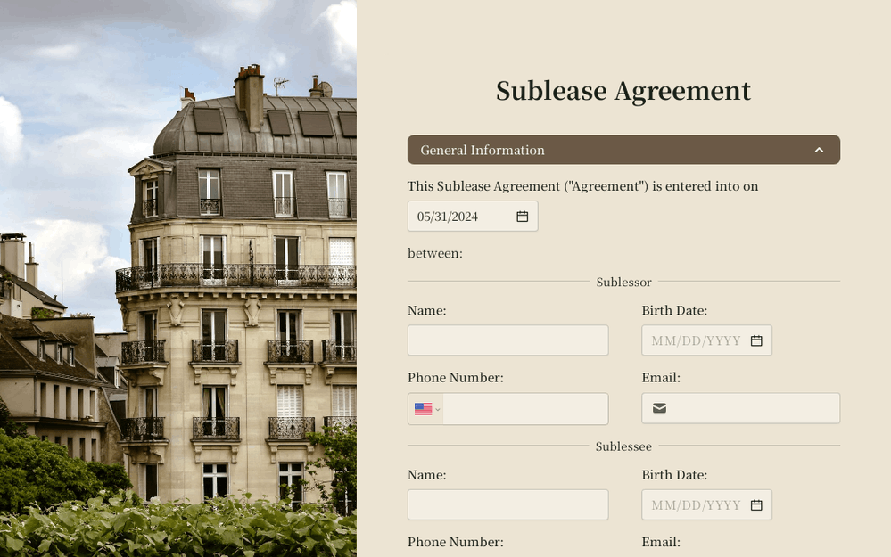 Sublease Form template preview