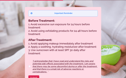 Instructions before and after treatment form page preview