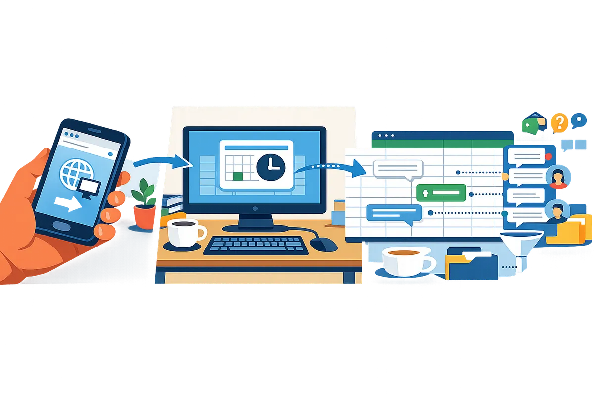side-by-side flow showing mobile browser request desktop site, desktop scheduling, and delegated inbox handling in a spreadsheet workflow