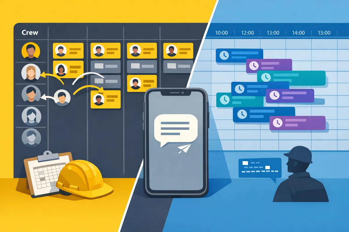 side-by-side: a day board with crew pool and an hour-by-hour time grid showing overlapping jobs