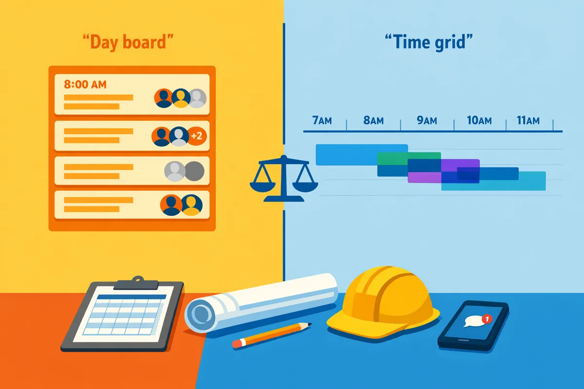 split-screen showing a day board with job cards on the left and an hourly time grid calendar on the right