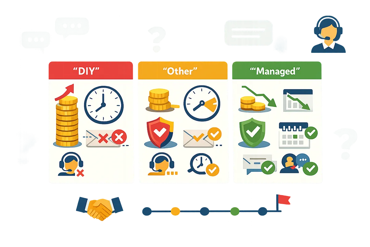 side-by-side pricing comparison chart showing DIY, Other Provider, and Sheet Gurus SMS benefits