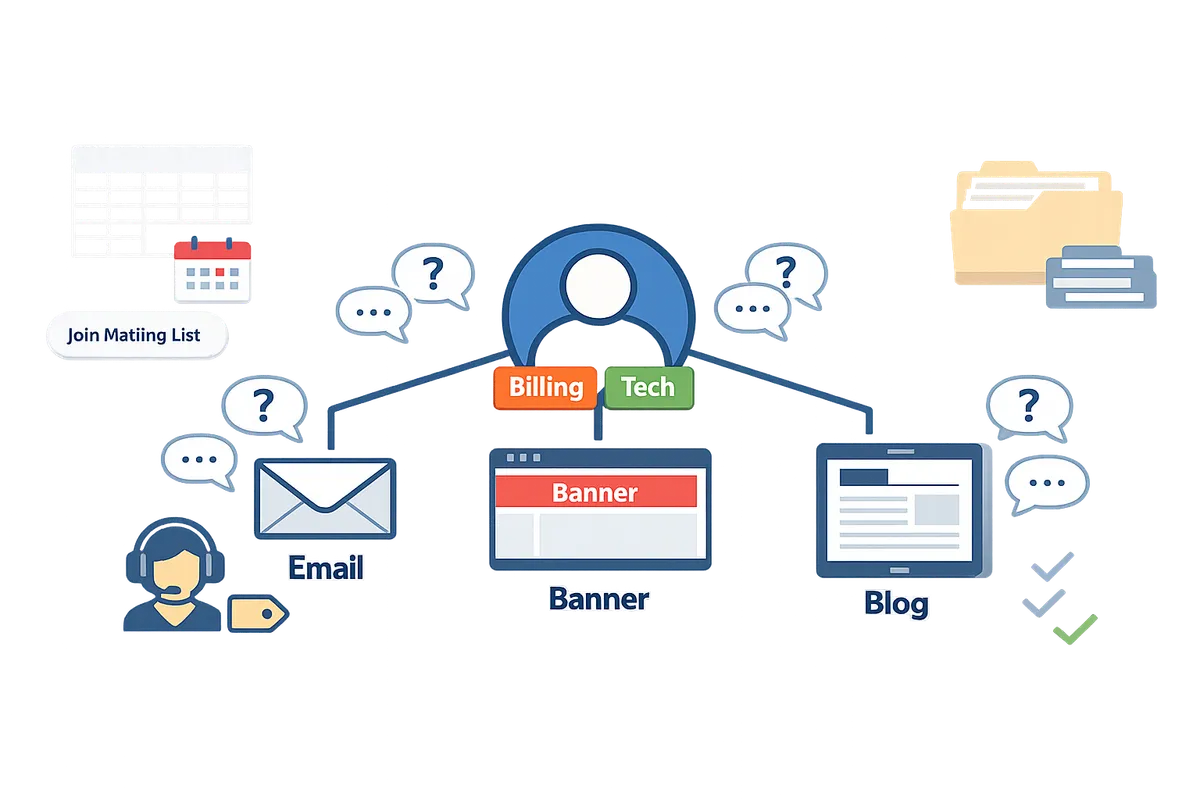 diagram showing communication channels — email, in-app banner, and blog post — used to announce product and billing changes