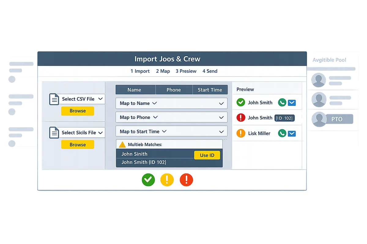 CrewSheet import dialog showing Jobs and Crew file selection, column mapping, and preview validation results