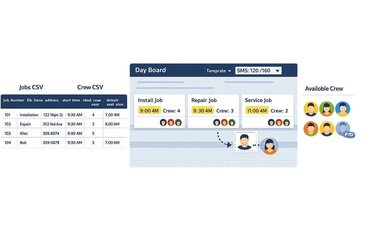 sample CSV template columns for jobs and crew shown side-by-side