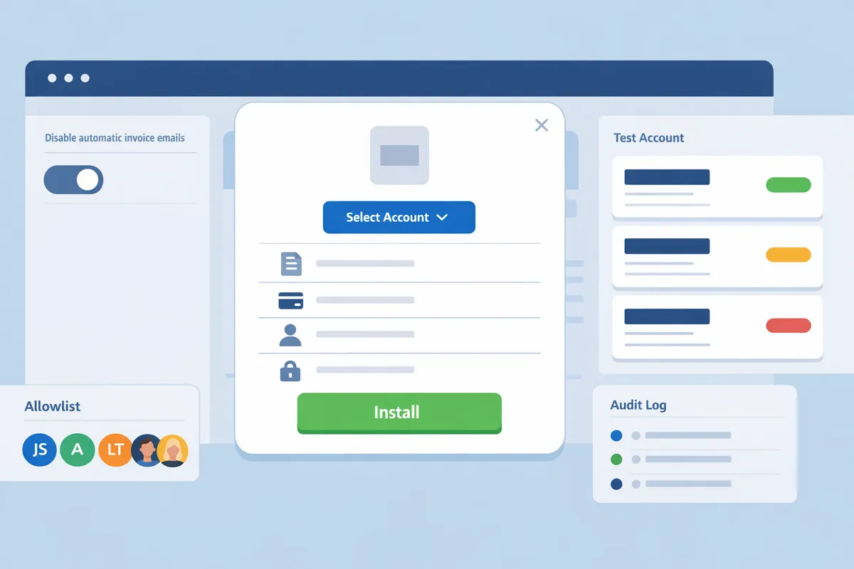 Stripe dashboard install modal showing app permissions and account selection