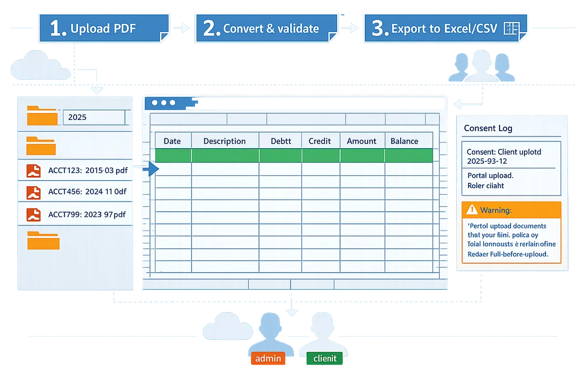 folder view showing client folders by year, example filenames like ACCT123_2025-03.pdf, and an open Excel mapping template with columns Date, Description, Debit, Credit, Amount, Balance
