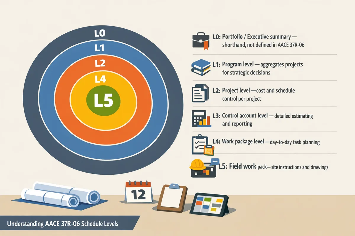 layered diagram showing L0 through L5 as concentric rings from executive summary to field work-pack