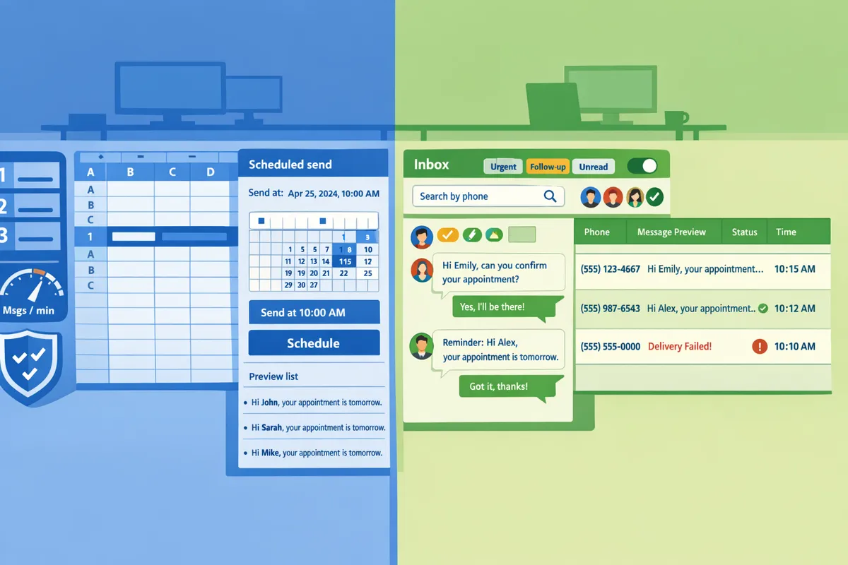 split-screen showing a Google Sheet with a scheduled send sidebar and the real-time inbox next to a message log table