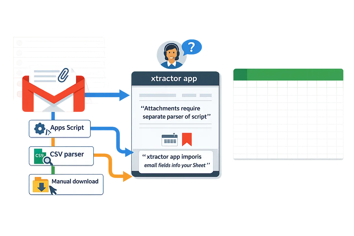 flowchart showing three paths from Gmail attachments to Google Sheets: Apps Script, CSV parser, and manual download