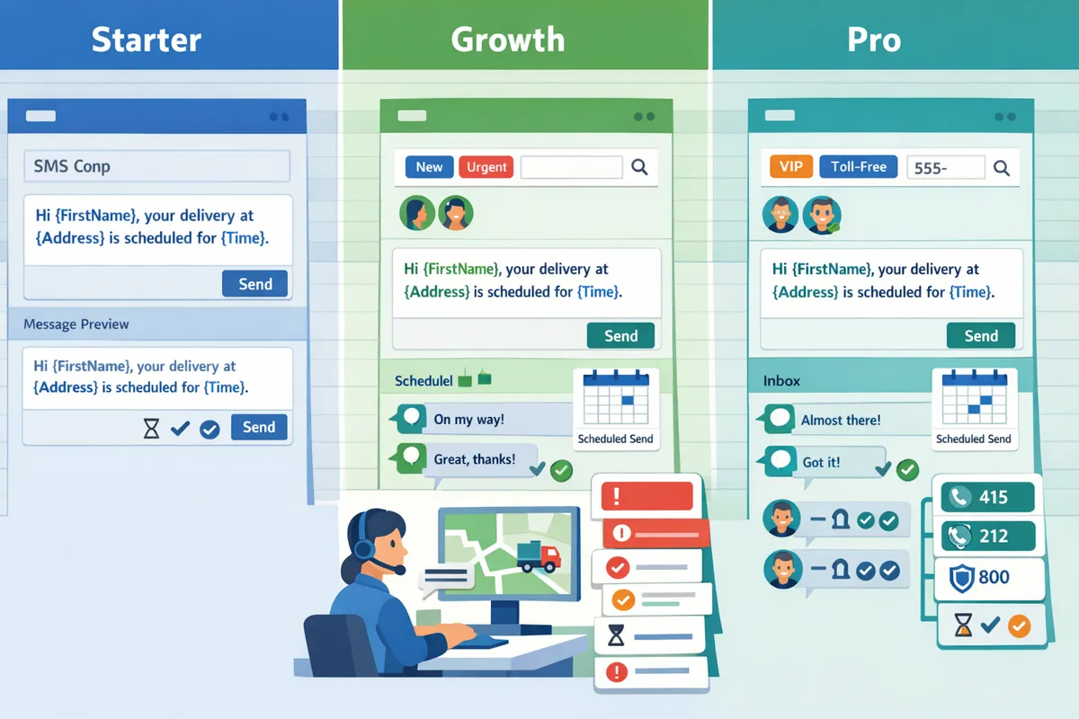 side-by-side feature comparison of Starter, Growth, and Pro plans with scheduling and delivery tracking highlighted