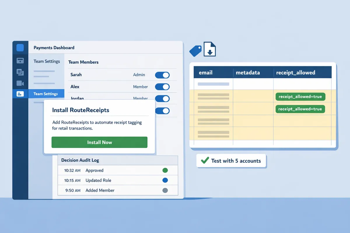 Stripe Dashboard Team settings screen and a sample exported customers CSV highlighting email and metadata columns