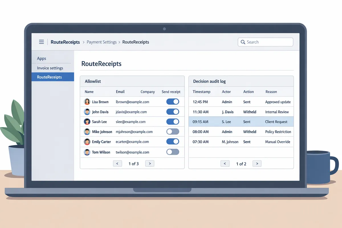 Route Receipts configuration screen inside the Stripe dashboard showing allowlist entries and audit log rows