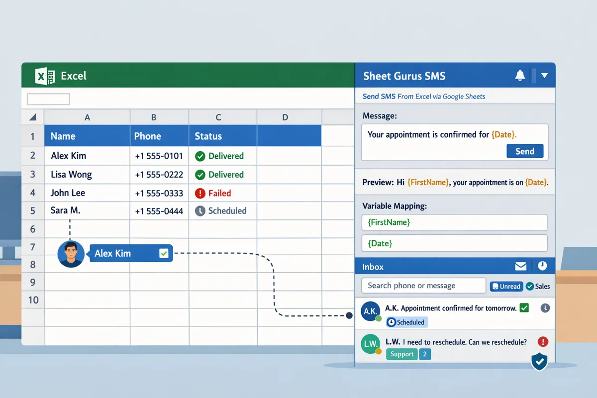 Sheet Gurus SMS sidebar in Excel showing message composer, variable mapping, and per-recipient preview