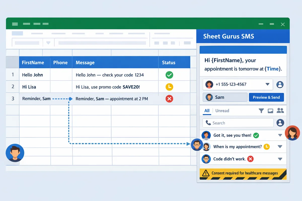 Excel sidebar showing Sheet Gurus SMS message preview and per-recipient variables