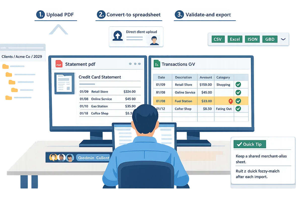 accountant comparing a PDF credit card statement with a converted spreadsheet on a laptop screen