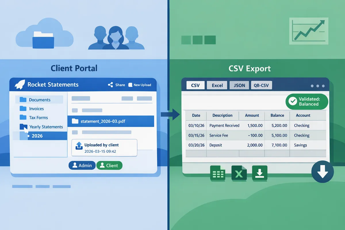 screenshot showing a Rocket Statements client portal on one side and a standardized CSV export on the other