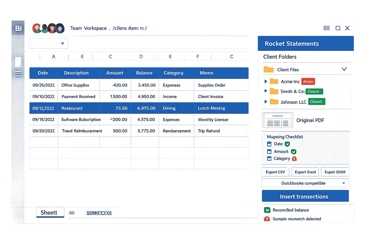 Excel workbook showing Rocket Statements add-in panel, a populated transaction table, and a client folder selector