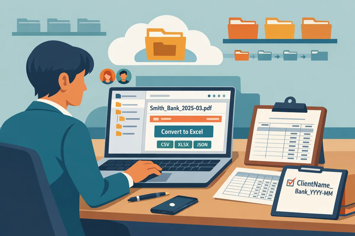 tax preparer reviewing client uploads in a portal on a laptop while a checklist sits beside a printed bank statement