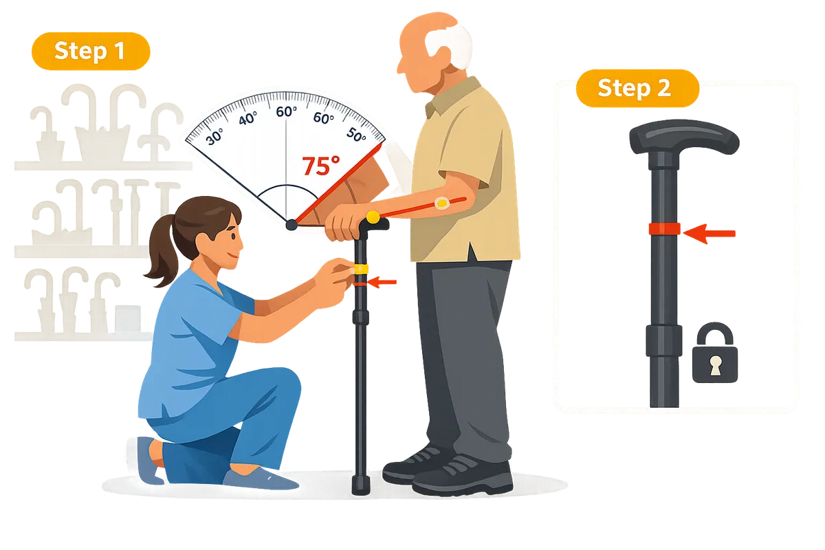 caregiver measuring a senior's forearm angle with a tape measure while the senior stands in walking shoes and holds a walking stick