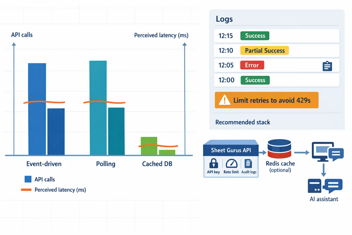 bar chart showing API call volume and perceived latency for event-driven, polling, and cached database-backed sync patterns, with caching reducing calls and latency in read-heavy scenarios