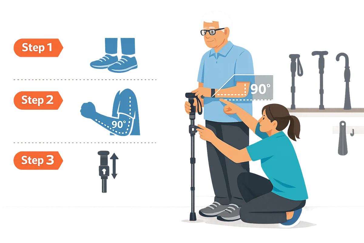 caregiver measuring a senior's arm angle while the senior holds a walking pole to set correct height in walking shoes