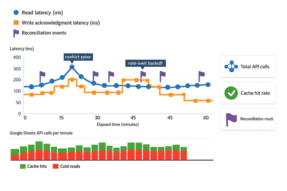 timeline chart showing read latency, write acknowledgment latency, and reconciliation events across a 60-minute mixed workload run