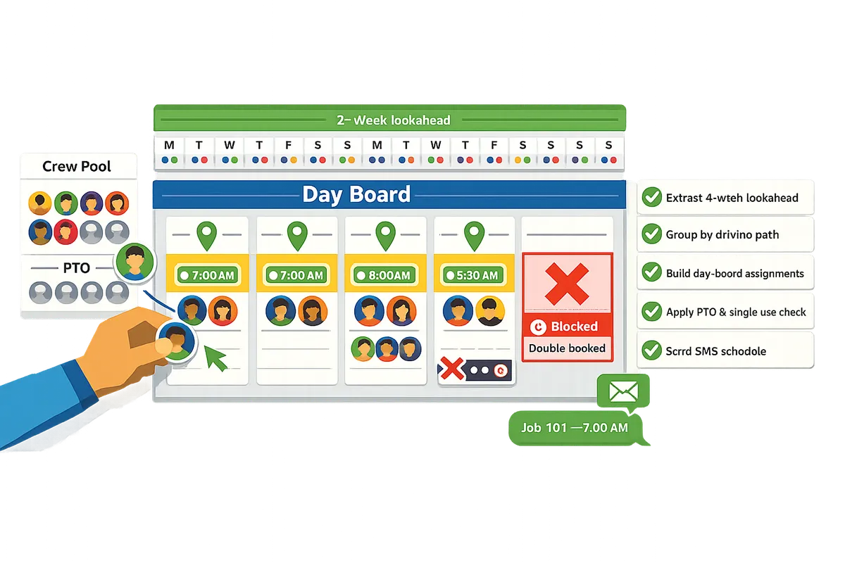 example of a day board with job cards side-by-side, crew pool on the left, and a rolling 2-week lookahead snapshot above the board