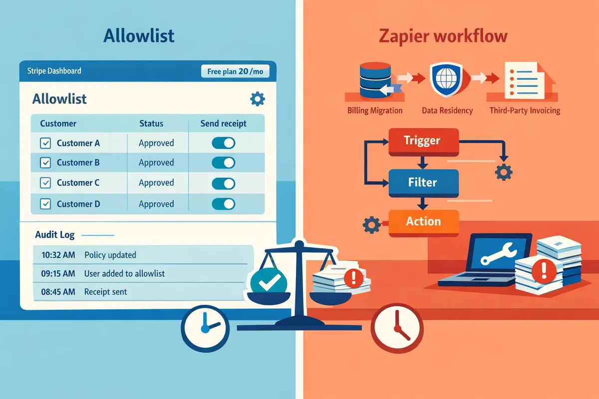 split-screen showing Route Receipts dashboard allowlist on one side and a Zapier workflow on the other