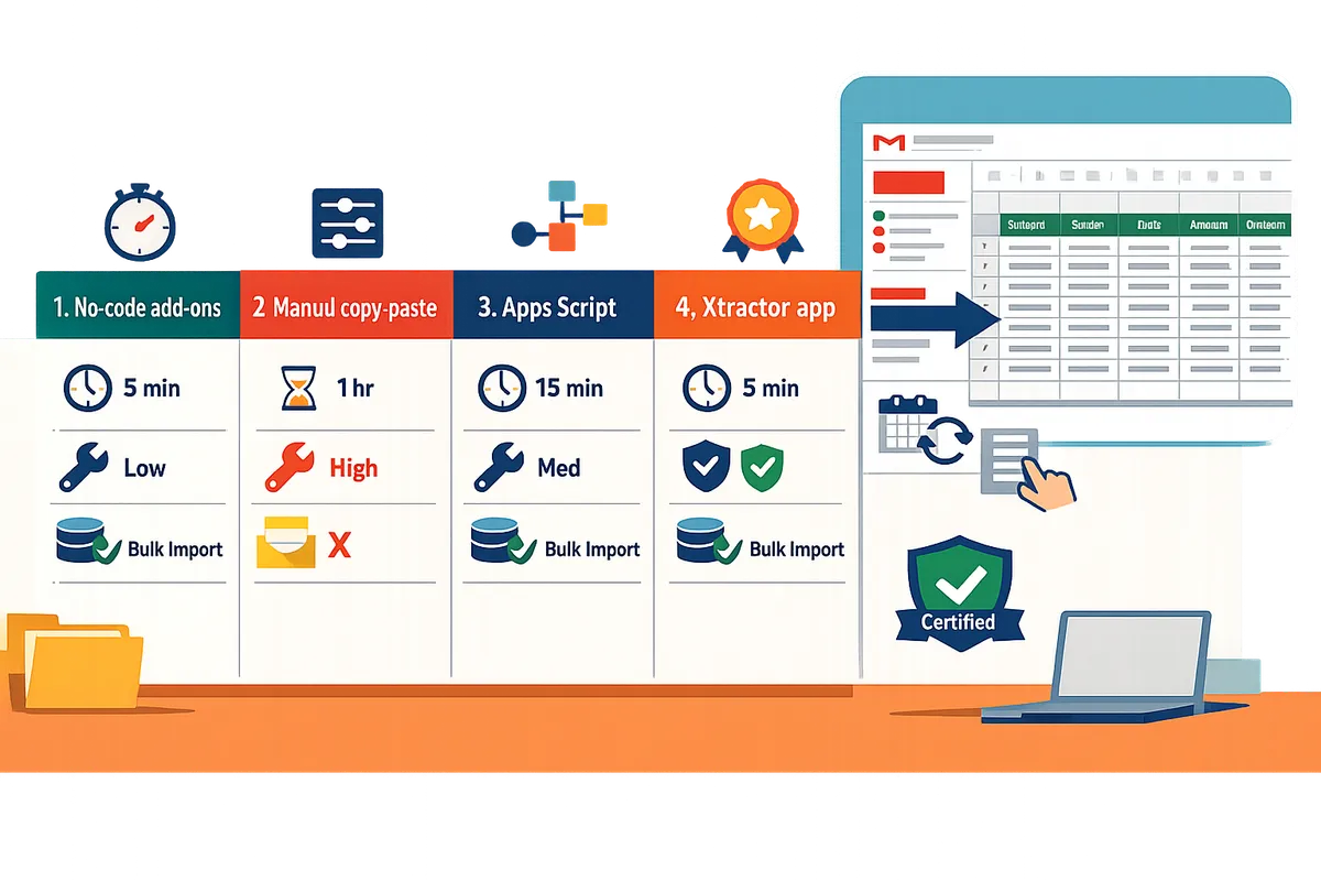 comparison grid showing four methods to extract Gmail data into Google Sheets with icons for speed, control, orchestration, and product recommendation