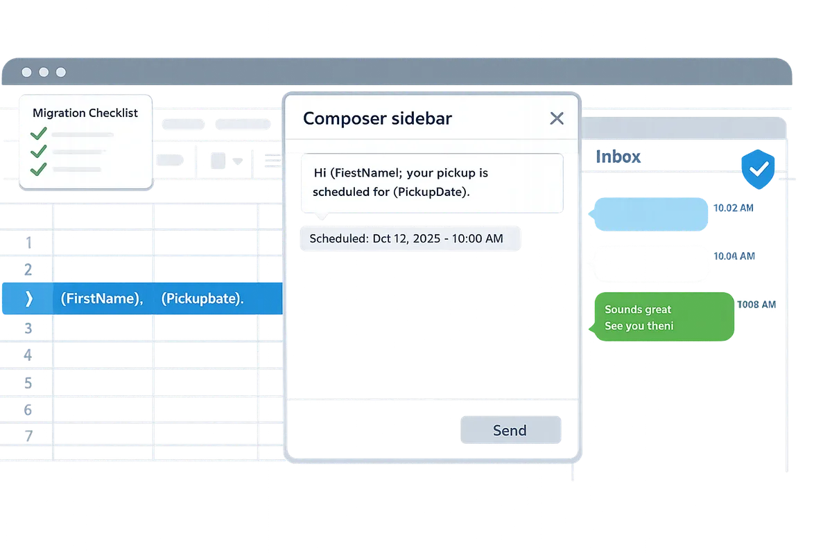composer sidebar showing a scheduled personalized message with {FirstName} and {PickupDate} variables and the threaded inbox on the right