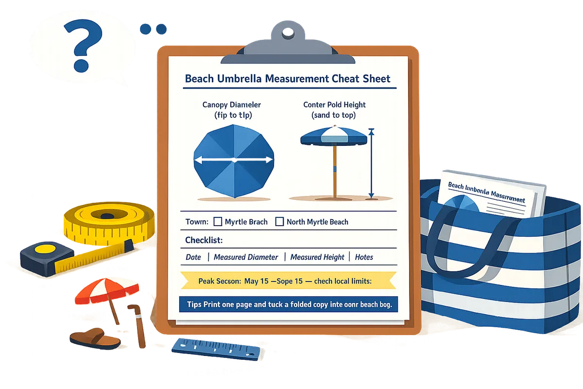 printable measurement cheat sheet showing canopy diameter tip-to-tip and center-pole height from sand to top