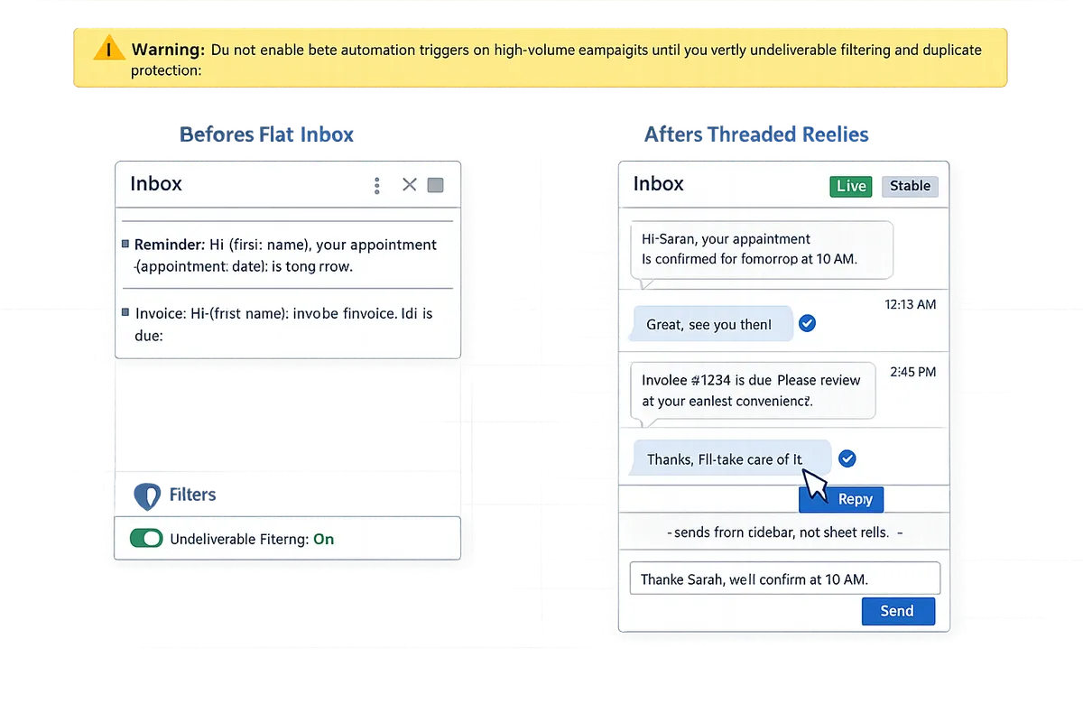 before-and-after screenshot showing threaded replies in the Sheet Gurus SMS sidebar versus the previous flat inbox view