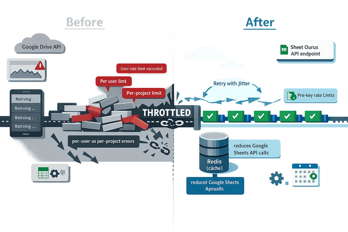 timeline showing a bulk job before and after throttling with annotations for per-user vs per-project errors