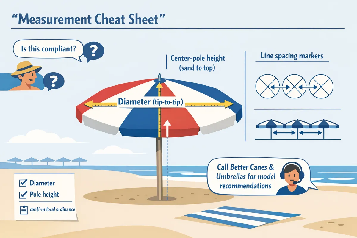 measurement cheat sheet showing how to measure umbrella diameter across the open canopy and center-pole height from sand, plus a diagram of an umbrella line and spacing markers