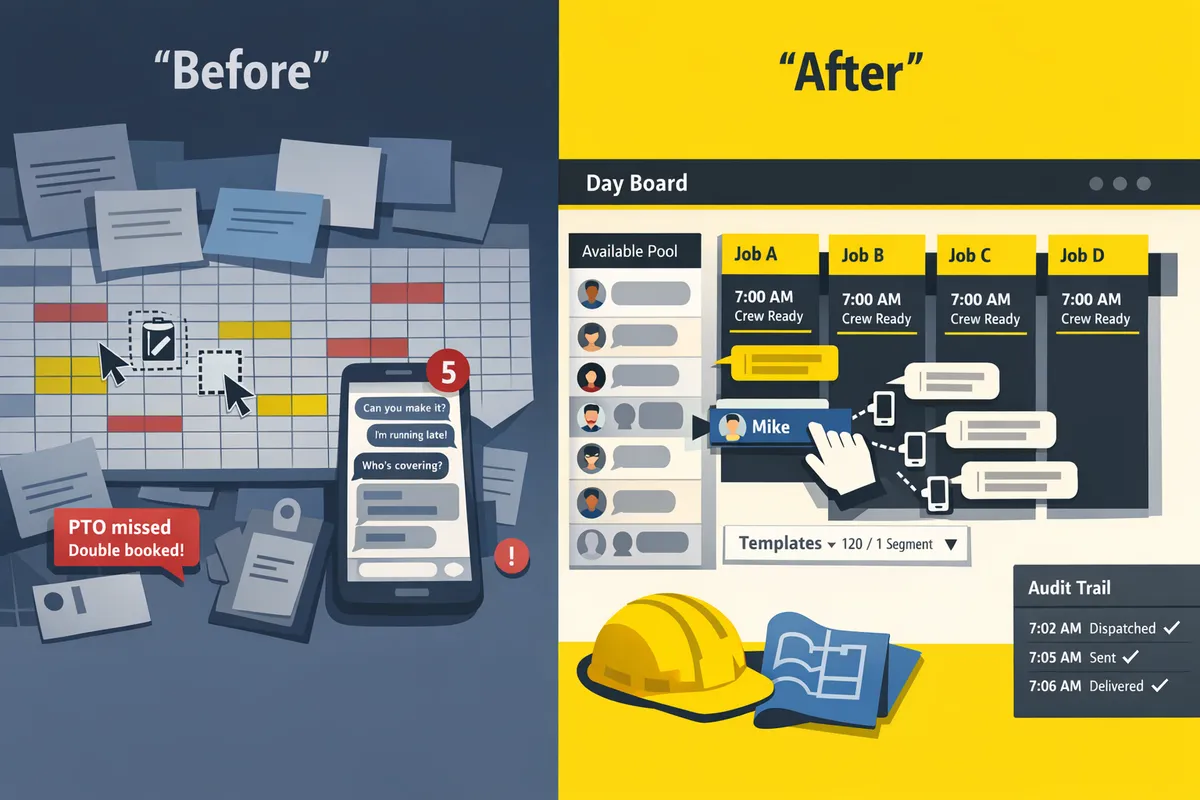 before-and-after of cluttered spreadsheet tracking versus clean automated dashboard with real-time delivery metrics