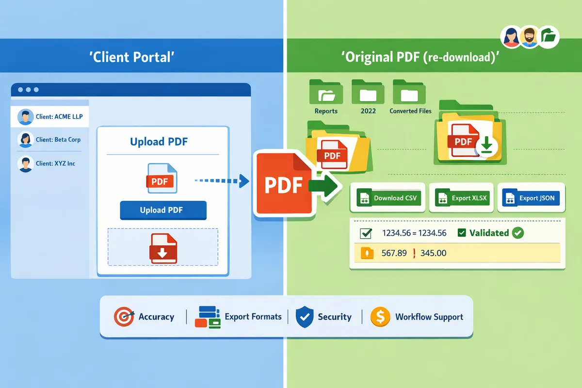 split-screen showing a client portal upload form on the left and a folder-based document workspace with PDF and CSV files on the right