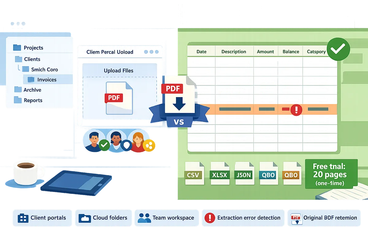 split-screen showing cloud folder organization and a converted Excel transaction sheet