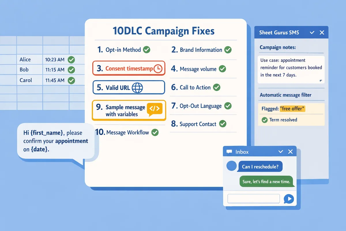 checklist of 10DLC campaign fixes with highlighted items like consent, URLs, and sample messages