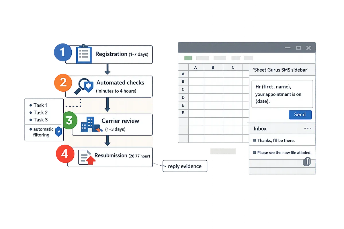 flowchart showing registration, automated checks, carrier review, and resubmission steps with estimated timelines