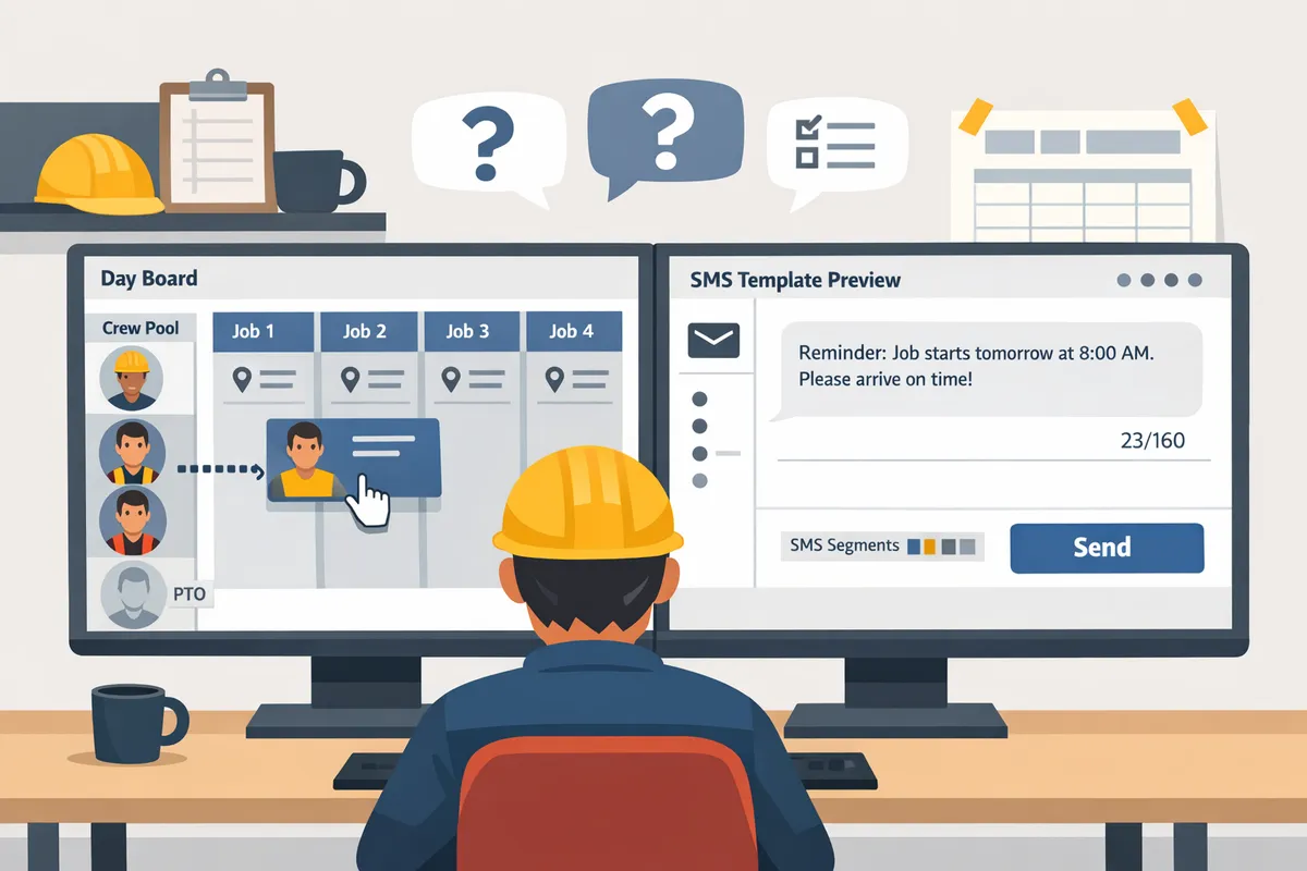 operator previewing SMS templates and a live character counter next to a drag-and-drop day board